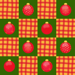 Bright checkered Christmas background. Vector illustration. Red Christmas balls with glitter and snowflakes on a green background. Gold background with a red checkered pattern. Greeting card.