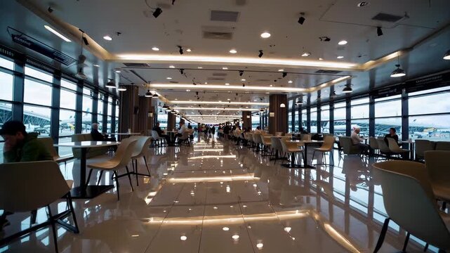 perspectives of a modern airport food court highlight travelers relaxing and enjoying refreshments while large windows reveal airplanes on the tarmac