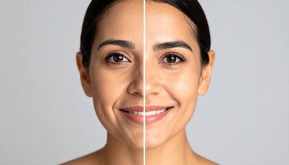 Woman's face split to show contrast between before and after skin care
