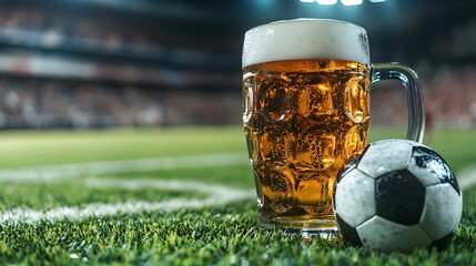 beer and soccer ball on grassbeer, soccer ball, football, grass field, green grass, cold beer, beer bottle, beer can, sports concept, football match, soccer match, outdoor sports, refreshment, celebra