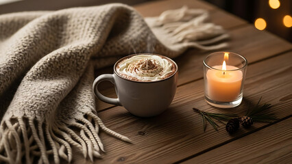 A cup of hot drink with whipped cream and chocolate sprinkles on a rustic wooden table, accompanied by a thick knitted scarf, a lit candle, and a small pine cone.