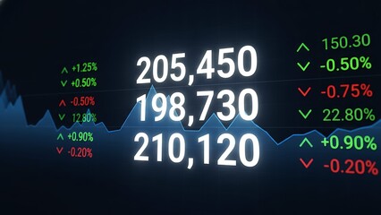 Obraz premium Digital stock market data display with glowing numbers and fluctuating charts on a dark background, showing financial performance metrics and realtime trading information, isolated on white