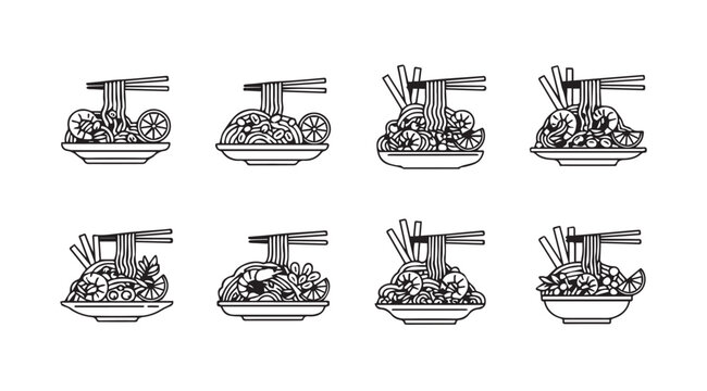 Eight hand drawn sketch style bowls of noodles and chopsticks for asian cuisine collection vector