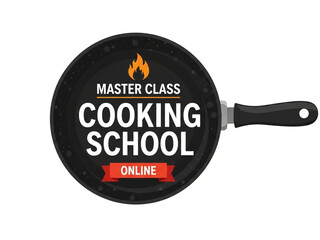Enroll now for a dynamic online cooking school master class badge shaped like a sizzling frying pan