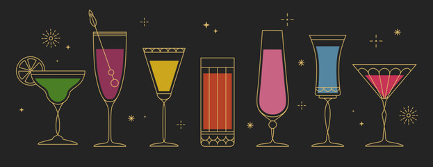 Set of line art retro cocktails or champagne glasses isolated on black background. Vector illustration © annbozhko