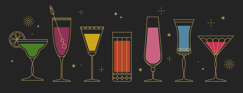 Set of line art retro cocktails or champagne glasses isolated on black background. Vector illustration