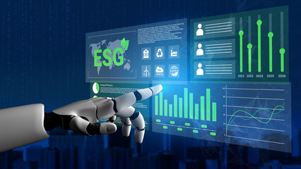 A robotic hand interacts with a high-tech ESG dashboard, displaying crucial sustainability metrics and data trends in a captivating digital landscape. Gantry