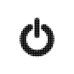 Halftone dotted power button icon in black and white, minimalist digital symbol for technology, interface, energy and startup concepts.