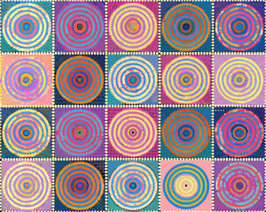 Colorful concentric circles arranged in a grid pattern forming an abstract artwork
