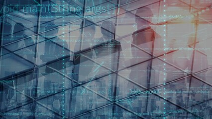 This image captures an abstract technology theme with silhouettes of business professionals against a glass structure, representing innovation and communication in an urban setting. Xenic