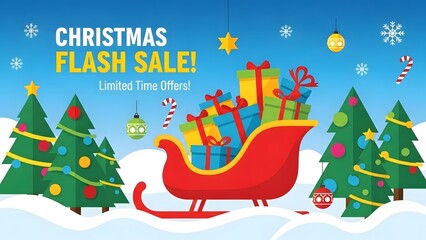 Funny cartoon Christmas card illustration featuring Santa Claus with a reindeer and decorated tree amidst falling snowflakes for a festive holiday winter celebration design