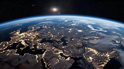 Blue globe view of Earth from space with the sun, moon, and surrounding stars in the vast universe - Powered by Adobe