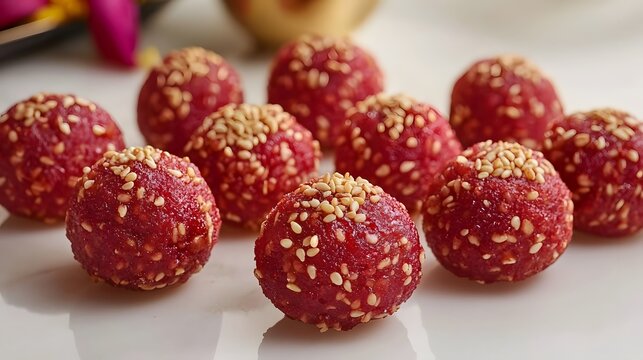Vibrant traditional tilgul and sesame laddoos on a crisp white backdrop