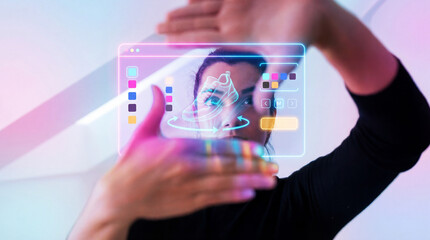 Woman Controlling a 3D Holographic Sneaker Customization Interface With Hand Gestures