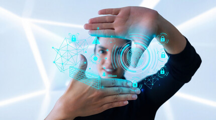 Woman Interacting with Holographic Biometric Security Interface