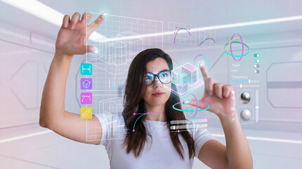 Woman Designing 3D Models Using Futuristic Holographic Interface
