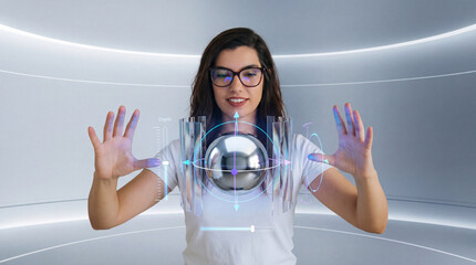 Woman Controlling a Futuristic 3D Holographic Sphere With Hand Gestures