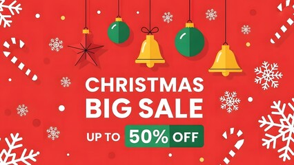 Merry Christmas holiday greeting card with a red winter vector illustration featuring a decorated tree, snowflakes, and stars for a festive New Year celebration gift design