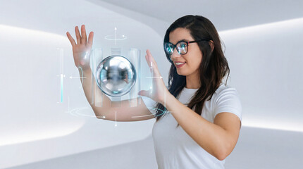Woman Using Gesture Controls to Manipulate a Futuristic Holographic Sphere