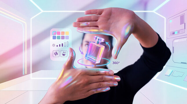 Woman Adjusting a 3D Holographic Perfume Bottle in a Futuristic Customization Interface