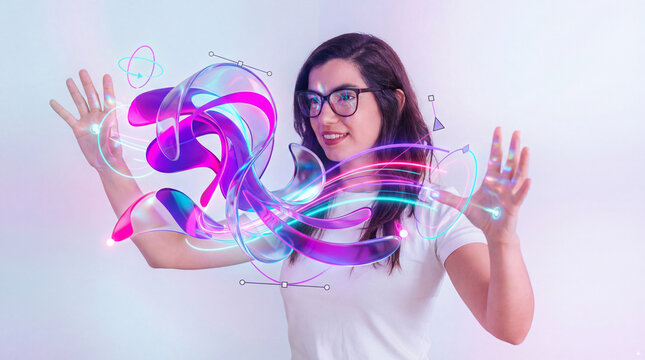 Woman Interacting With Holographic Abstract Shapes