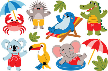 Naklejka premium Cute summer animals relaxing on the beach with umbrellas, floats and tropical elements in colorful fun cartoon vector illustration