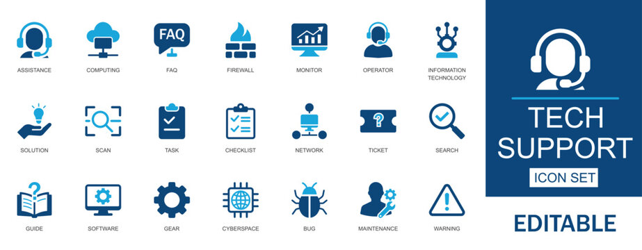 Tech Support Icons Set. Features icons of assistance, computing, FAQ, firewall, help, and operator. Perfect for IT, software, web, apps, and infographics.