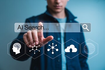 Person using artificial intelligence search bar for information and data