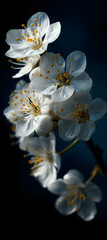 Obraz premium white plum blossoms with delicate petals and yellow stamens against dark background captured in high definition
