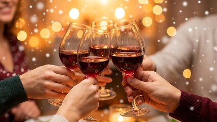 Close up of four friends toasting with red wine glasses during a festive celebration with bokeh lights and falling snow in the background, creating a warm and joyful holiday atmosphere