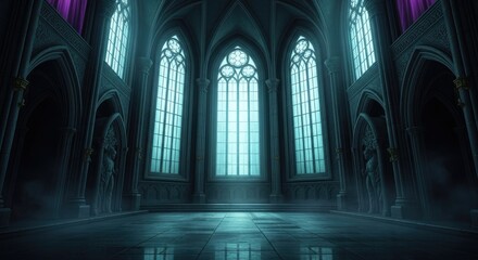 Gothic cathedral interior: blue and green light illuminates ancient arches and columns in the medieval stone cloister