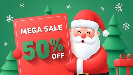 Merry Christmas card illustration featuring a cute cartoon Santa Claus with a decorated tree and gifts in a happy winter snow holiday celebration design