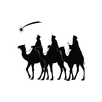 the three christian prophets riding camels black silhouette isolated on white background