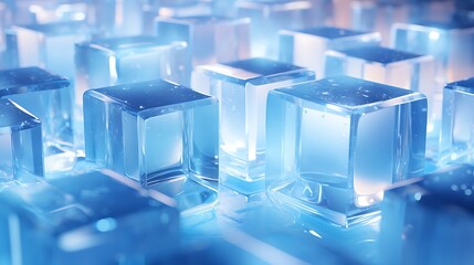 Array of Sparkling Translucent Blue Cubes Reflecting Light and Creating a Dazzling Effect