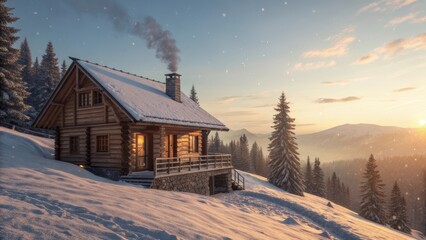 Cozy wooden cabin in a snowy landscape at sunset, peaceful atmosphere, winter retreat, copy space