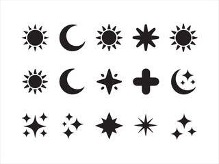 Simple sun and moon icons with stars, Set of time of the day icons. Sunset, sun, sparkle, moon icons. Vector illustration