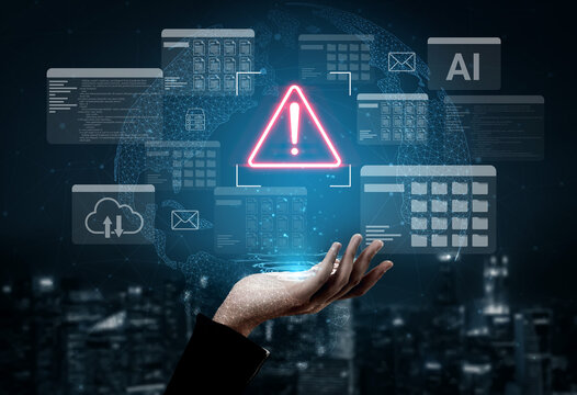 A hand reaches out towards a glowing warning triangle icon, symbolizing cybersecurity threats amidst digital files, highlighting the importance of vigilance in technology. Gantry - Powered by Adobe