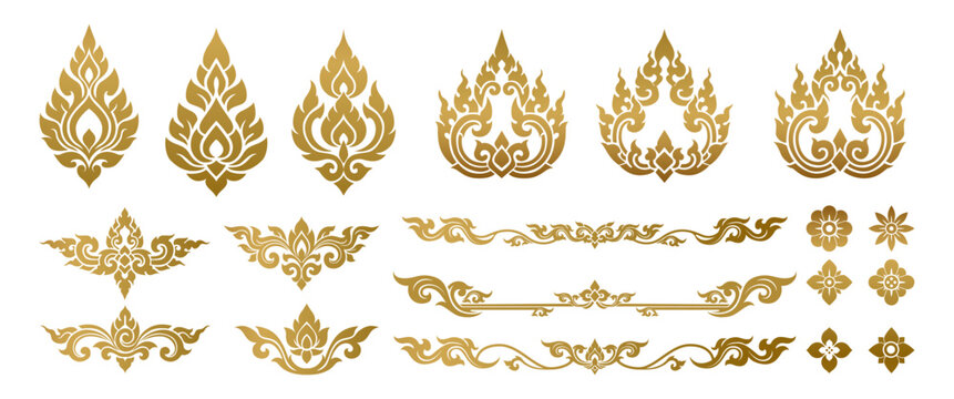Golden vintage Thai decoration elements featuring traditional flame motifs lotus ornaments floral symbols and elegant cultural borders suitable for luxury branding design