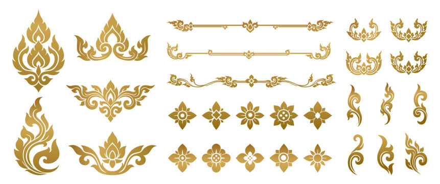 Thai decoration elements design collection featuring traditional Kanok patterns lotus ornaments floral symbols elegant borders corner motifs and cultural decorative assets perfect for luxury branding 