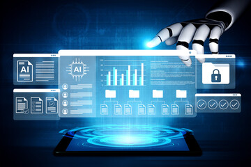 A robotic hand interacts with a holographic interface displaying digital data, graphs, and security symbols, embodying the essence of innovation in technology and artificial intelligence. Gantry