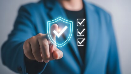 Person interacting with digital security shield and data protection interface