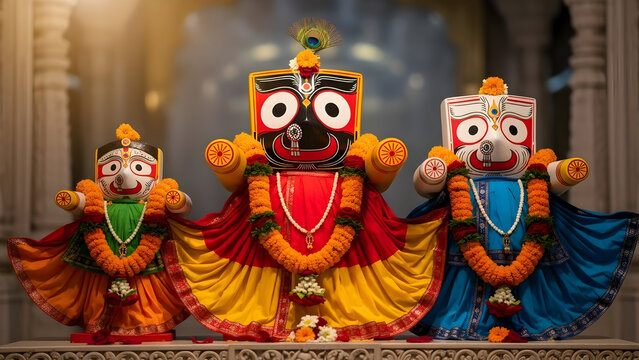 Sacred Triad Depicting Lord Jagannath, Lord Balabhadra, and Goddess Subhadra, Symbolizing Divine Protection, Unity, and Spiritual Harmony in Hindu Mythology and Devotional Tradition