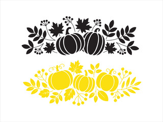 Colorful autumn pumpkins, berries and forest leaves clipart Vector. Autumn floral pumpkin arrangements, element set