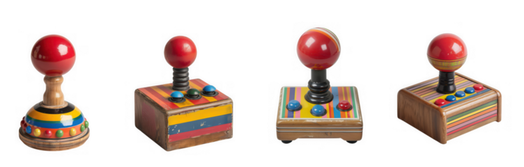 Four colorful, handcrafted wooden arcade style joysticks and one spinning top toy, isolated on white isolated on transparent background