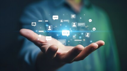 Man holding digital network technology floating above open palm