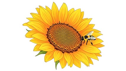 Obraz premium Vibrant yellow sunflower with a busy bee collecting nectar on its intricate seed head, depicted in a detailed illustration.
