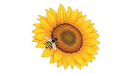 Fototapeta premium A detailed illustration of a vibrant yellow sunflower with a busy bee collecting pollen on its dark brown center.
