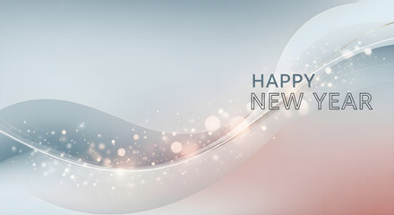 Elegant Happy New Year Greeting with Flowing Waves and Subtle Sparkles