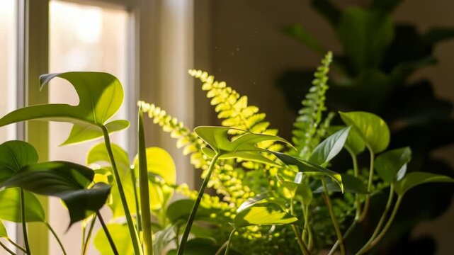 Closeup of vibrant green house plants, including a monstera leaf and fern, backlit by warm sunlight streaming through a window, 4k video
