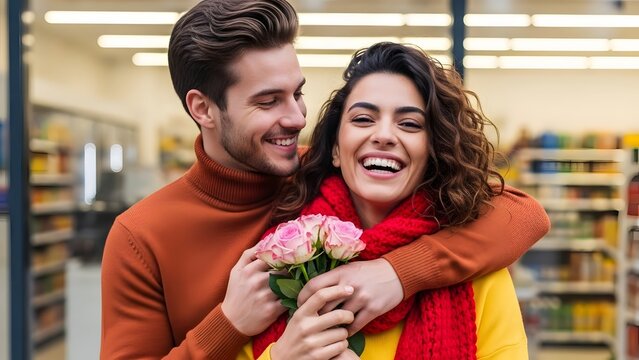 Happy young couple embracing while shopping in a store, the man surprises the woman with a small bouquet of pink roses, showing affection - Powered by Adobe